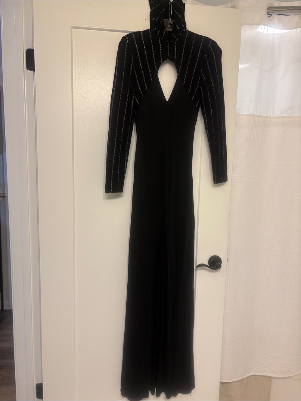 Funky 70s/80s Black and Silver Long-Sleeve Hooded Cutout Maxi Dress